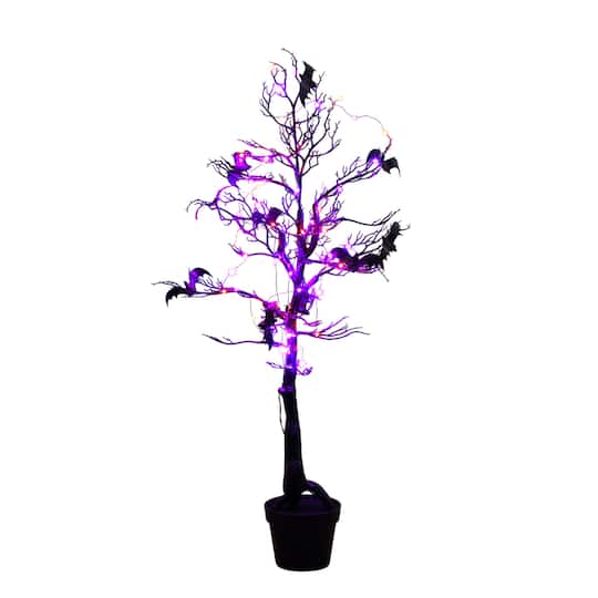 4ft. Pre-Lit Artificial Halloween Black Spooky Twig Tree with Bats and 120 Orange & Purple LED Lights
